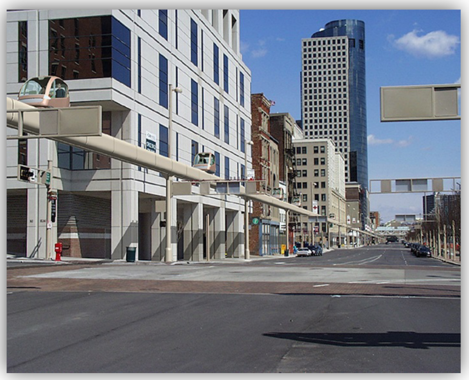 A guideway with covers in a color that complements the city's surroundings.