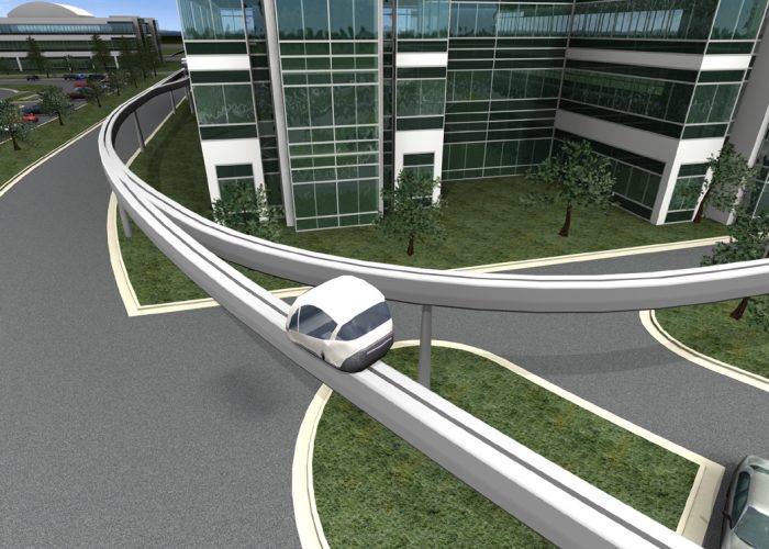 PRT cabs glide on elevated guideways. PRT cabs glide on elevated guideways.
